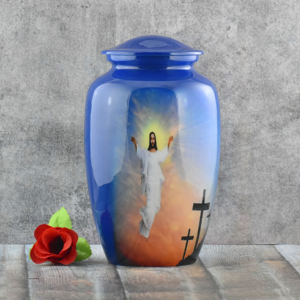 Wholesale Luxury Blue Metal Cremation Urn Bulk <b>Memorial</b> Jar with Divine Jesus in Heaven Design and Polished Enamel Finish Art - Product Image 3