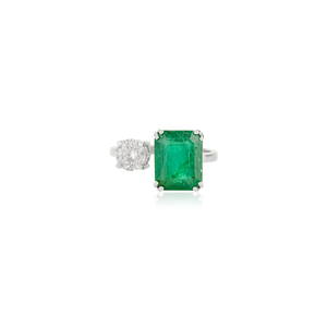 Productos más vendidos, bajo MOQ, anillo abierto de oro blanco macizo K14 con doble engaste de esmeralda y diamante para bodas y fiestas. - Product Image 1