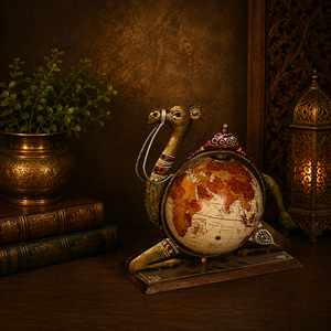 Globe terrestre de bureau artisanal en fer forgé, représentant un chameau, artisanat indien traditionnel, Art Déco, léger, décoration d'appoint vintage - Product Image 1