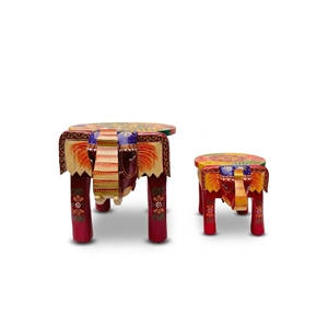 Ensemble de 2 tabourets éléphant en bois faits à la main avec des meubles décoratifs indiens traditionnels d'art du Rajasthan multicolore - Product Image 1