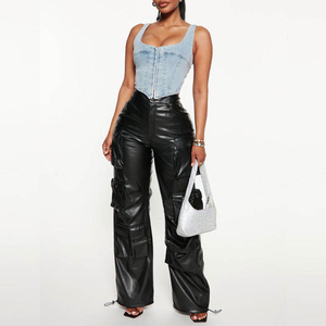 Pantalon cargo en cuir pleine longueur de qualité supérieure, design OEM, en cuir de mouton PU, taille ajustable - Product Image 4