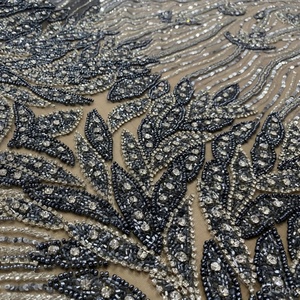Midnight Charcoal 100% Polyester Jacquard Fabric Leaf Pattern Crystal Embroidered Lace Woven Lightweight 90 GSM Sheer In-Stock - Product Image 5