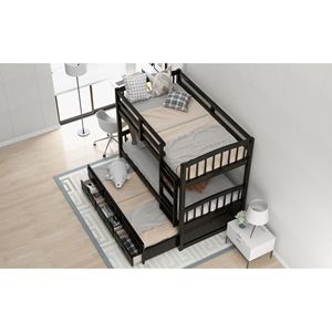 Letto a castello in legno Espresso Twin Over Twin con letto estraibile e cassetti per bambini - Product Image 4