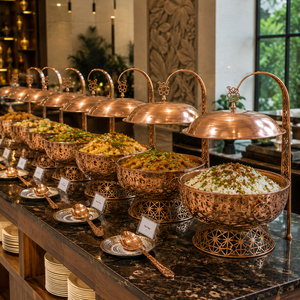 Plat à réchaud suspendu de luxe en cuivre pur avec couvercle, chauffe-plats pour buffet d'hôtel, réchaud de traiteur, bol de service pour banquets de restaurant - Product Image 4