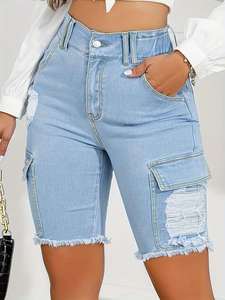 Pantalones Cortos de Mezclilla Azul Claro con Bolsillos y Detalles de Cuentas, de Cintura Alta, Ajustados y Elegantes para Mujer, Calidad Premium - Product Image 6