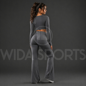 Custom Women Flare <b>Yoga</b> <b>Set</b> High Waist Flare Leggings Long Sleeve Crop Top Gym Outfit Breathable Stretch Activewear <b>Set</b> - Product Image 2