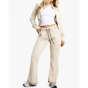 Women's Cream Tracksuit Full Sleeve <b>Zipper</b> <b>Top</b> With Drawstring Pants Casual Solid Color Loose Fit Spring Wear - Product Image 3