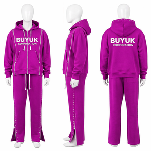 Chándal de Alta Calidad Personalizado para Otoño, Estilo Urbano, Cortavientos, Impermeable, con Lavado Ácido, Color Liso, con Remaches, Sudadera con Capucha y Pantalón Acampanado, Estilo Hip Hop - Product Image 4