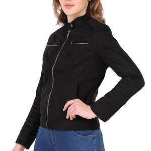 Women's Black <b>Suede</b> Moto <b>Jacket</b> With Zip Closure Stand Collar Full Sleeve Autumn Style Sample Service Available - Product Image 5