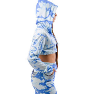 Ensemble deux pièces tricoté pour femme, crop top à capuche en polaire tie-dye bleu et blanc, manches longues, avec poches, style décontracté printemps-été, vêtement de sport - Product Image 2