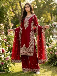 Conjunto de Traje de Boda Tradicional de 3 Piezas para Mujer, Color Rosa, con Bordado de Seda GMY, Manga Larga, Kurta, Palazzo y Dupatta - Product Image 2