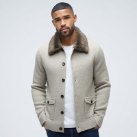 Veste d'hiver en laine beige pour homme avec fausse fourrure et double fermeture