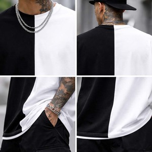Camiseta de Hombre Bicolor Negra y Blanca, Estilo Color Block, Algodón, Casual, Streetwear, Verano - Product Image 6