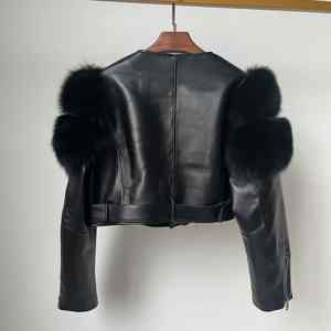 Nouvelle veste en cuir de mouton véritable noire à la mode, courte, avec fourrure de renard véritable, veste en cuir courte pour femmes - Product Image 6