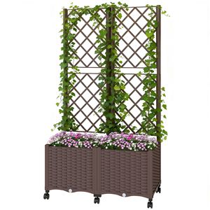 Brown Self-Watering Raised Garden Bed with Trellis Lockable Wheels Drainage Holes-<b>Planter</b> <b>Box</b> Flower Pots & <b>Planters</b> - Product Image 1