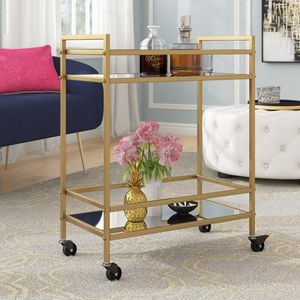 Modern Gold Iron Beverage <b>Trolley</b> with Glass Shelves Rolling <b>Serving</b> Cart Home Kitchen Dining Room Storage and <b>Serving</b> Organizer - Product Image 3
