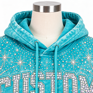 Custom Rhinestone Embellished <b>Zip</b>-Up Breathable <b>Pocket</b> Oversized <b>Hoodie</b> Turquoise French Terry Unisex Streetwear Autumn Wear - Product Image 2