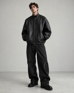 Blouson de motard en cuir noir surdimensionné pour homme, style minimaliste de luxe, en cuir véritable, logo personnalisé sur le devant, fournisseur OEM - Product Image 4