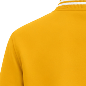 Custom Yellow Gold Varsity Letterman Jacket with <b>White</b> Striped Rib Collar Snap <b>Buttons</b> and Embroidered Greek Crest Logo Apparel. - Product Image 2