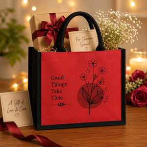 Red Jute Shopping <b>Bag</b> With Floral Design And "Good Things Take Time" Quote <b>Medium</b> <b>Size</b> Handheld Tote - Product Image 6