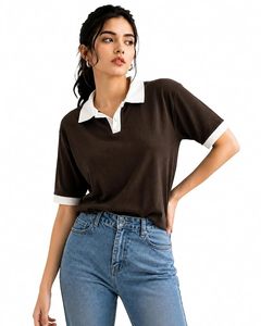 T-shirt polo contrasté pour femme, pull à manches courtes, mélange de coton, décontracté, à porter au quotidien - Product Image 3