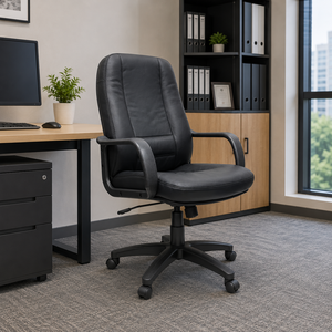 Chaise de bureau ergonomique KINSHA DK-02 en cuir PU, accoudoirs fixes, base pivotante, pieds en plastique, design moderne, dossier solide, réglable en hauteur - Product Image 1