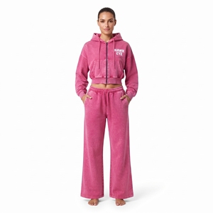 Conjunto de dos piezas para mujer: Top corto con capucha de algodón rosa y forro polar con cremallera y pantalones jogger de pierna ancha, corte regular, hombros caídos, estilo casual. - Product Image 4