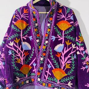Hand Embroidered Suzani Velvet <b>Jacket</b> 100% Cotton Reversible Eco-Friendly Breathable Quick-Dry Summer/Winter V-Neck <b>Short</b> Floral - Product Image 5