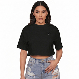 New Trendy Solid Black Crop <b>Top</b> Short Sleeve Crewneck Gym Tee Loose Fit Summer Streetwear Women's Shirts Ribbed Neck Workout <b>Top</b> - Product Image 1