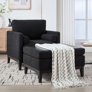 Poltrona con Poggiapiedi Reversibile Nera da 90 cm, Base in Legno, Gambe Quadrate, Rivestimento Imbottito, per Soggiorno - Product Image 6