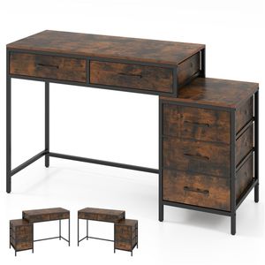 Industrial Home Office Writing <b>Desk</b> 5 <b>Drawer</b> PC <b>Desk</b> with Reversible <b>Drawers</b> and Printer Shelf Metal Frame Rustic Style - Product Image 3