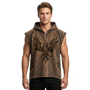 Chaleco sin mangas con capucha para hombre, diseño gótico con estampado gráfico, lavado desgastado, estilo casual urbano, moda de verano para exteriores, tipo tank top - Product Image 1