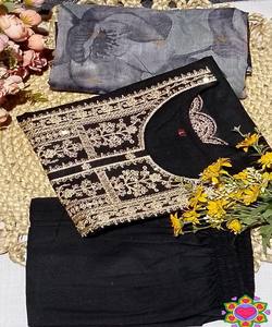 NOUVELLE ARRIVÉE - Ensemble haut, bas et dupatta en coton slub tissé, pour tenue de fête, prix de gros, luxe, séchage rapide, vêtement ethnique, noir - Product Image 2