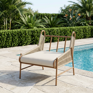 Fauteuil lounge moderne en corde tressée avec coussin rembourré, dossier incurvé, pieds coniques, structure en bois massif, pour l'intérieur et l'extérieur - Product Image 4