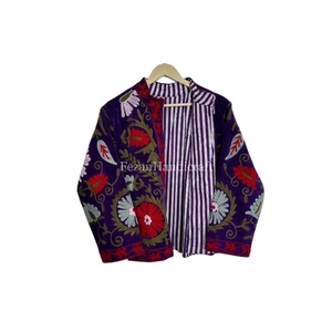 Veste matelassée en velours bleu Fezan Handicrafts avec broderie ouzbèke, doublure en coton, séchage rapide, style bohème chic pour femmes - Product Image 1