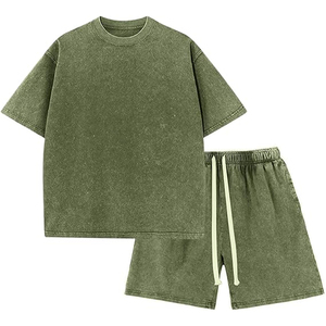 Men High Quality Acid Wash Cotton Summer <b>Set</b> T Shirt Shorts Casual Loose Fit Matching Outfit - Product Image 1