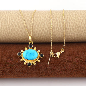 Pendentif ovale en pierre turquoise bleue avec quartz noir, plaqué or 18 carats, bijoux bohèmes, collier en laiton, fournisseur en gros - Product Image 3
