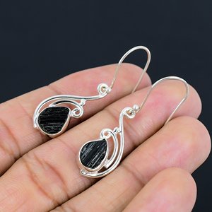 925 Sterling Silver <b>Dangle</b> <b>Earrings</b> <b>Black</b> Tourmaline Gemstone Handmade October Birthstone Birthday Gift Bezel Set Drop <b>Earrings</b> - Product Image 1