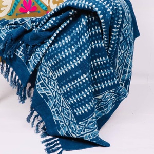 Floral Print <b>Indian</b> Handmade Hand Block Printed 100% Organic Cotton Eco-Friendly Soft <b>Throw</b> Modern Decorative Blanket Tassels - Product Image 3