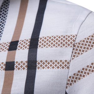 Polo à manches courtes pour homme, motif à carreaux, design tissé décontracté, coupe classique, blanc avec rayures bleues et beiges - Product Image 5