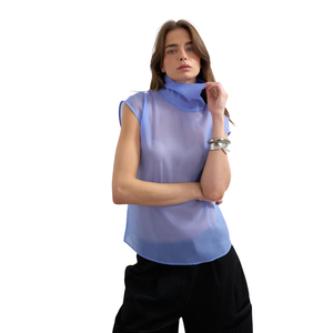 Blusa Transparente de Cuello Alto para Mujer, Top de Manga Corta con Cierre de Botones en la Espalda, Dobladillo Curvo, Lisa, Transparente, para Trabajar o Combinar en Capas, Camisa de Verano - Product Image 1