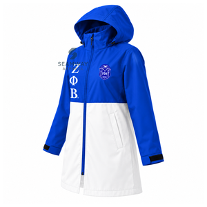 Chaqueta Impermeable con Capucha para Mujer, Diseño Color Block Azul y Blanco, con Letras Griegas, Manga Larga, Marca Zeta Phi Beta Sorority - Product Image 3