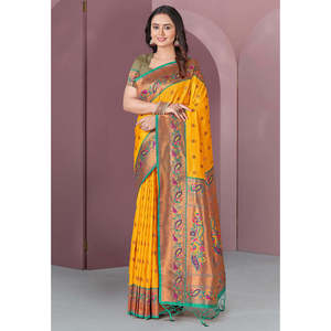 ผ้าไหมมีนาการีสีเหลืองแบบดั้งเดิม ผ้าซาเร่ทอแบบซารี ประดับด้วยด้ายซารี  ชุดราตรีสุดหรู - Product Image 5