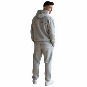 Gray Hooded Tracksuit Set Full Sleeve Solid Color Casual Wear with Side Pockets and Elastic Waist 100% Cotton Autumn Style - Product Image 4