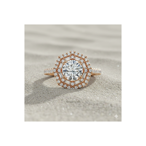 Bague de fiançailles octogonale avec halo de diamants doubles ronds et baguette - Product Image 1