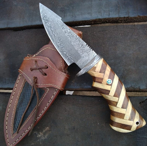 Cuchillo de Caza Profesional de Acero Inoxidable de Grado Industrial, Hoja Recta, Parcialmente Serrada, Mango de Madera, Funda de Cuero, OEM - Product Image 2