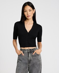 Black Knitted <b>Short</b> Sleeve <b>Cardigan</b> Solid Color Button Front <b>Women's</b> Sweater Autumn Style - Product Image 3