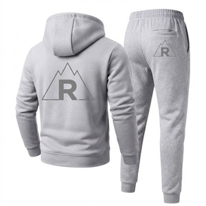 Survêtement en coton gris à capuche pour homme, imprimé, manches longues, couleur unie, fermeture à cordon, logo en relief, tenue décontractée d'été - Product Image 2