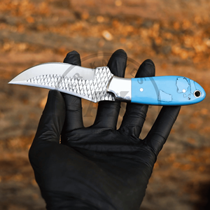 Cuchillo de vaquero de acero raspado hecho a mano, mini cuchillo de carnicero, cuchillo multiusos para exteriores de espiga completa, mango de resina azul de grado industrial OEM - Product Image 6