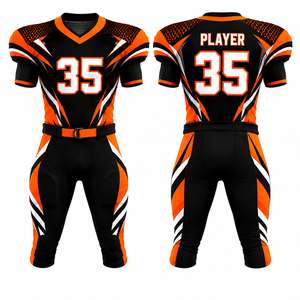 Uniforme de football américain personnalisé sublimé, maillot à col en V pour homme, pantalon noir, orange, blanc, respirant, ajusté, manches courtes - Product Image 1